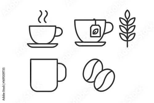 Coffee and tea line icon set. Vector symbols of a hot drink, cup, mug, coffee beans, teabag, and grain. Minimalist outline pictograms for cafe menu, breakfast, and web design.