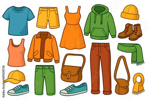 Vector cartoon collection of casual seasonal outfits. Summer and autumn wardrobe fashion set with clothing and accessories. Isolated jacket, dress, hoodie, pants and shoes.