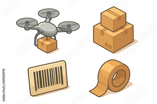 Isometric delivery logistics icon set. Drone shipping package. E-commerce transport service. Cardboard box, barcode, packing tape. Vector cartoon illustration for business.