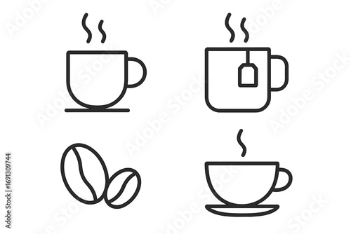Coffee and tea line icon set. Hot drink symbols collection with steaming cup, mug with teabag, and coffee beans. Minimalist outline vector graphic for cafe menu or web design.