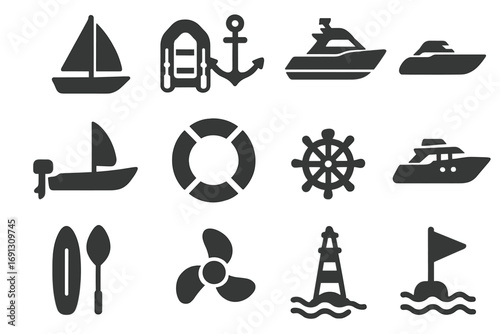 Boating and marine solid glyph icon set. Nautical, yacht, and sea watercraft icons. Vector collection includes sailboat, anchor, lifebuoy, ship wheel, and propeller.