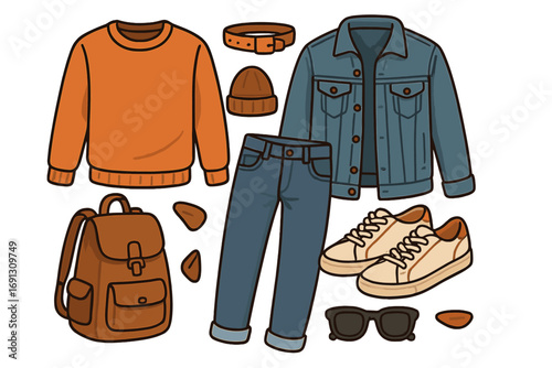 Men's casual autumn outfit flat lay. Fall fashion set with denim jacket, sweater, jeans, and backpack. Vector illustration for travel wardrobe or get ready concept.