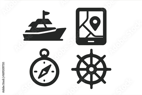 Boating and navigation solid icon set. Yacht, ship, gps, compass, and steering wheel symbols. Maritime travel, sea cruise and vessel direction concept. Vector glyph icons.