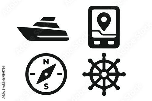 Boating and navigation solid glyph icon set. Marine transport symbols collection. Yacht, GPS navigator with map pin, compass for direction, and ship steering wheel helm.