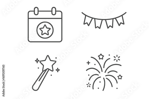 Holiday and celebration vector icon set. Outline symbols of a special event calendar, party bunting, magic wand, and festive fireworks. Thin line graphics for modern design.