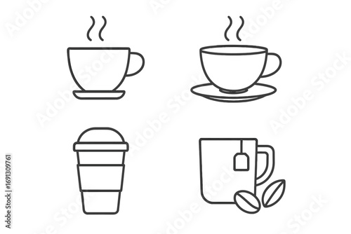 Coffee and tea line icon set. Vector symbols of hot drinks, cup, mug, teacup, and beans. Simple outline pictogram collection for cafe menu, ui, infographics, and web design.