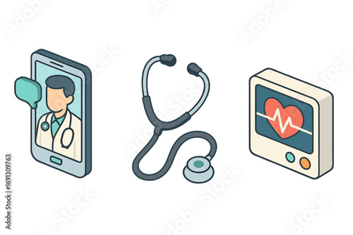 Telemedicine isometric icon set. Online doctor consultation on smartphone, stethoscope, heart monitor ECG. Vector graphics for virtual healthcare, medical app, and cardiology.