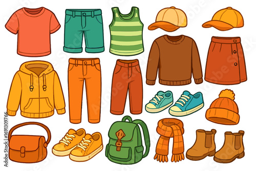 Collection of casual clothes for summer and autumn. Seasonal fashion outfits set. Wardrobe with t-shirt, pants, shoes, hat, scarf, hoodie, backpack. Vector cartoon illustration.