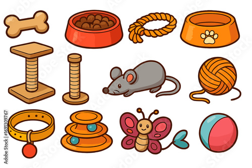 Collection of pet toys and accessories. Cat and dog items set. Includes scratching post, food bowl, bone, ball, collar, and mouse. Pet shop, vet clinic cartoon vector icons.