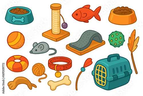 Pet shop equipment collection. Vector cartoon accessories for cat and dog care. Set includes food bowl, collar, carrier, toys, scratching post, bone, fish, and mouse.