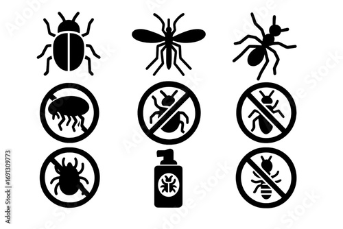 Pest control icon set. Bug and insect alert signs. Vector collection of filled glyphs. Stop insects, mosquito, ant, flea, tick, beetle, termite. Disinfection spray.