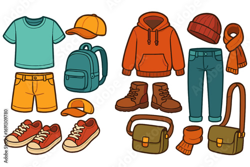 Casual clothing collection for seasonal outfits. Summer wear with t-shirt and shorts. Fall winter clothes with hoodie and jeans. Vector cartoon set with accessories.