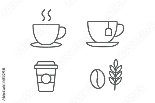 Coffee and tea line icon set. Minimalist outline symbols for cafe menu, beverage, or barista concept. Vector icons of hot drink, cup, mug, bean, and grain for web design.