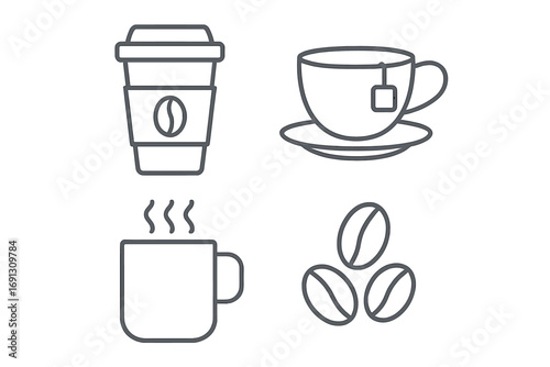 Coffee and tea line icon set. Hot drinks and beverages symbols. Includes takeaway paper cup, mug with steam, teacup with tea bag, and roasted coffee beans. Vector pictogram.