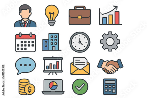 Business office flat line icon set. Corporate work symbols. Vector graphics for web design, mobile app. Management, finance, communication, marketing, idea, success.