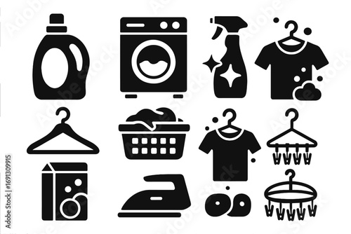 Laundry icons set. Washing machine, detergent, iron, basket symbols. Household chores and cleaning concept vector illustration. Black glyphs for web, app or print design.