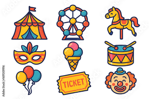 Colorful carnival icons for festive activities, celebrations. Vector cartoon set for circus, amusement park, and fair entertainment. Includes tent, clown, ferris wheel, ticket.