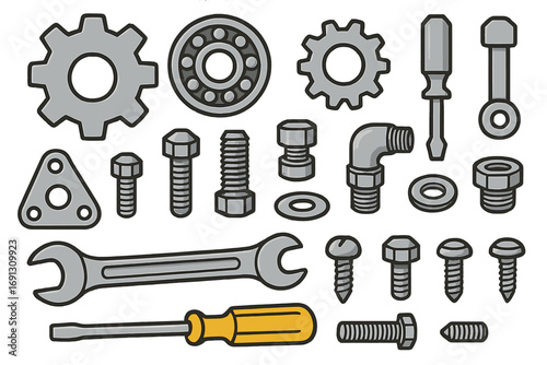 Mechanical parts and tools icon set. Vector illustration of engineering hardware. Gear, bolt, screw, nut, wrench, screwdriver for repair and industrial design concepts.