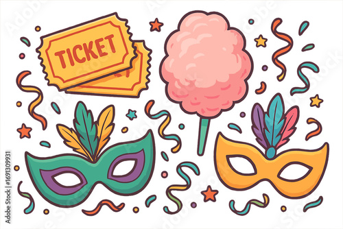 Carnival party elements set. Funfair festive celebration collection. Masquerade mask, event ticket, cotton candy, confetti. Vector cartoon doodle illustration for festival.