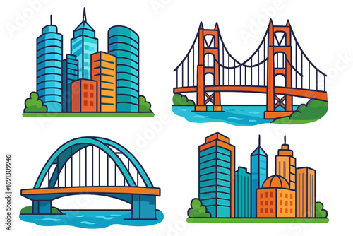 Vector illustration set of cityscapes and bridges. Modern urban architecture icons. Collection of cartoon skyscrapers and famous landmarks like the Golden Gate Bridge. City elements.