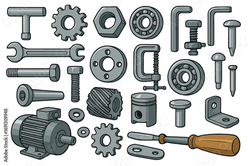 Collection of mechanical parts and tools for engineering and repair. Vector icons of machine components like gear, bolt, nut, screw, bearing, motor, piston, and wrench.