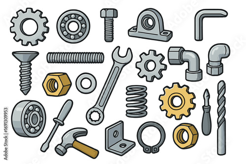 Mechanical engineering parts set. Cartoon icons of machine components. Gear, bearing, screw, nut, bolt, washer, spring. Tools for repair and construction. Vector illustration.