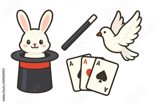 Magic show vector illustration set. Cute cartoon rabbit in a top hat, magician's wand, flying dove, and ace playing cards. Magician equipment for illusionist trick performance.