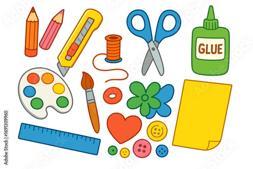 Vector collection of cartoon crafting tools and art supplies for creative projects. Isolated set for school, DIY, and handmade hobbies. Includes scissors, glue, paint, and pencils.