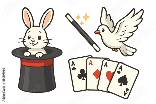 Magic show elements with cute bunny in a top hat, magic wand, dove, and playing cards. Vector cartoon illustration for magician, illusion, circus, or entertainment concept.