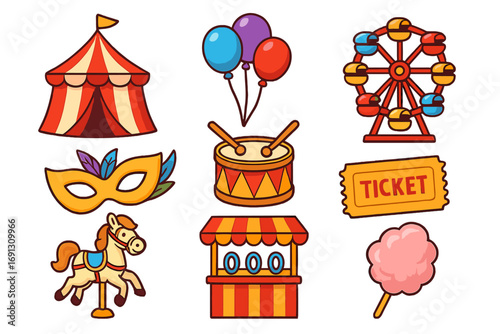 Carnival icon set for festive funfair celebration. Vector amusement park and circus elements. Ferris wheel, tent, carousel horse, ticket, cotton candy, mask for entertainment.