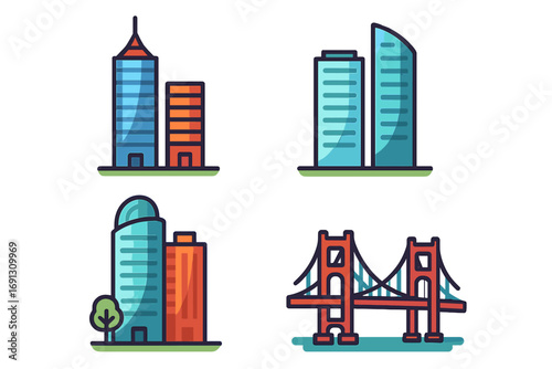 City buildings and Golden Gate Bridge icon set. Modern urban architecture skyscrapers. Colorful vector illustration collection. Flat cartoon design elements for web and apps.
