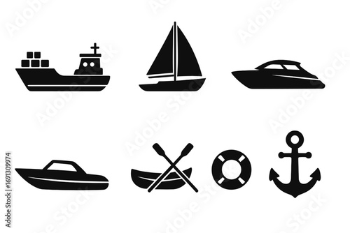 Marine transport silhouette icon set. Nautical boating symbols silhouette collection. Vector illustration of a ship, boat, yacht, sailboat, anchor, and cargo ship icons.
