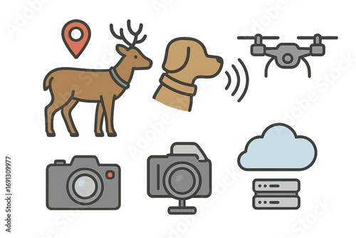 Animal tracking technology icon set. Wildlife research, conservation. GPS locator, drone surveillance, camera trap, pet tracker, data cloud server. Vector illustration.