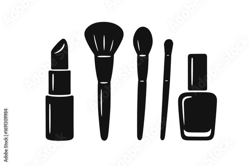 Cosmetic icons set with lipstick, makeup brushes, nail polish in black silhouette. Vector cartoon illustration of beauty products. Makeup artist kit graphic elements.