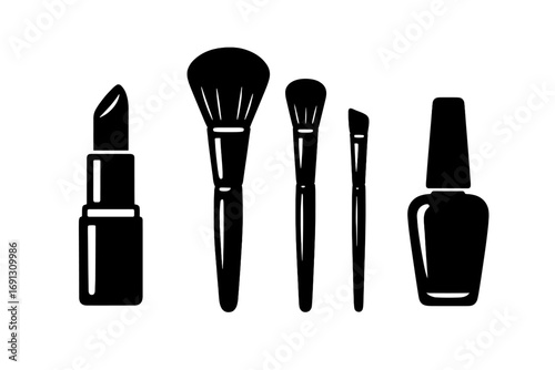 Cosmetic icons set. Lipstick, makeup brushes, nail polish black silhouette. Vector glamour beauty products. Fashion makeup artist tools. Manicure, pedicure, cosmetics symbols.
