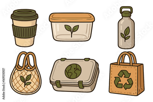 Eco-friendly zero waste lifestyle vector icon set. Reusable containers, bags, coffee cup, and bottle for sustainable living. Plastic-free green concept illustration.