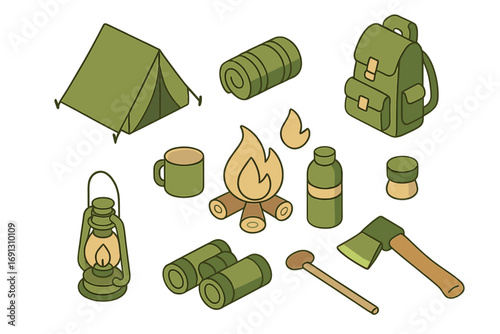Camping isometric set. Outdoor adventure, hiking equipment. Survival gear essentials. Tourist icons collection. Campfire, tent, backpack, lantern, axe. Summer camp concept.