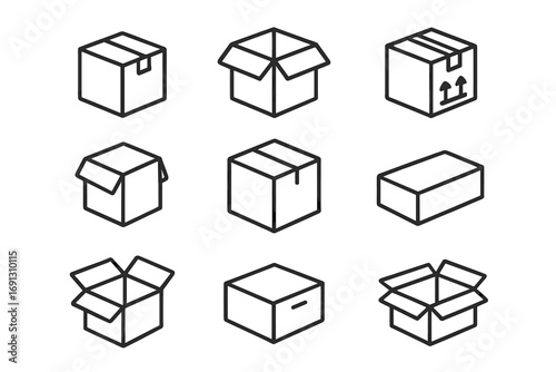 Packaging box outline icon set for shipping and delivery. Vector isometric line art collection of carton containers. Parcel, order, and logistics symbols for e-commerce.