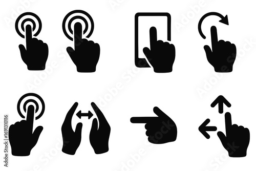 Touch screen hand gesture icon set. Finger tap, swipe left and right, pinch to zoom, and rotate symbols. UI, UX navigation elements. Click pointer silhouette for mobile app.
