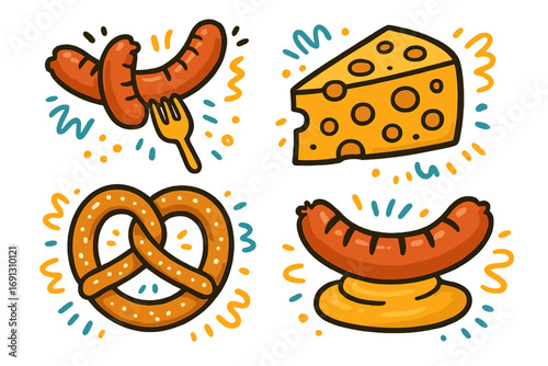 Oktoberfest snacks vector set. German traditional food icons. Cartoon doodle sausage, pretzel, cheese. Bavarian beer festival meal collection. Isolated flat illustration.