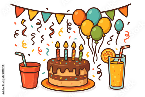 Birthday party celebration vector icon set. Cartoon collection of festive items with cake, candles, balloons, confetti, and drinks. Holiday event decoration elements.