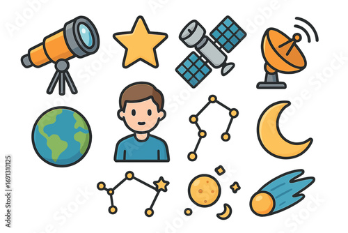 Astronomy icon set with telescope, satellite and constellation. Space exploration cartoon vector elements. Celestial objects like planet earth, moon, star, and comet. Galaxy research.