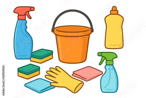 Cleaning supplies set for household chores and cleaning service. Vector cartoon illustration of equipment like bucket, spray bottle, detergent, sponges, rubber glove, and cloth.