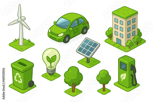 Isometric vector set of eco city icons. Green energy, electric car, solar panel, wind power. Sustainable urban living cartoon elements. Renewable technology illustration.
