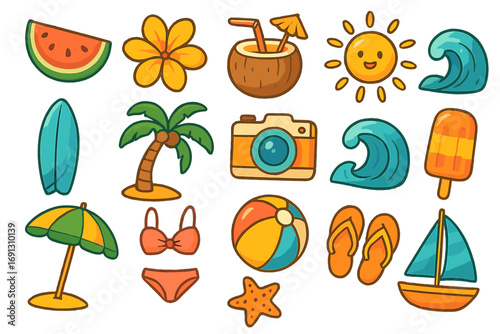 Summer beach icon set. Vector cartoon collection of tropical vacation elements. Holiday travel symbols like sun, palm, surfboard, wave, bikini, camera and fruit.