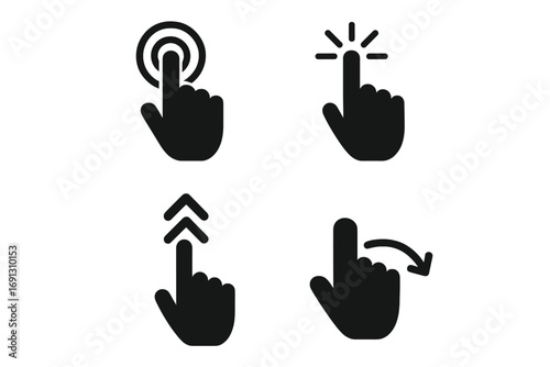 Hand gesture icons for touch screen. Click, tap, swipe up, and swipe right set. User interface and experience design elements. Mobile app navigation and control symbols.