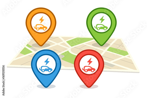 Electric vehicle charging station location pins on a city map. EV charge points icon set. GPS navigation for e-mobility. Green energy and transport concept vector illustration.