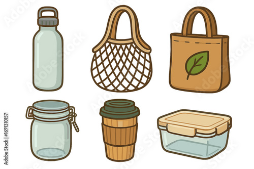 Set of zero waste items for sustainable living. Reusable containers, water bottle, coffee cup, and shopping bags. Eco-friendly lifestyle concept. Vector cartoon illustration.