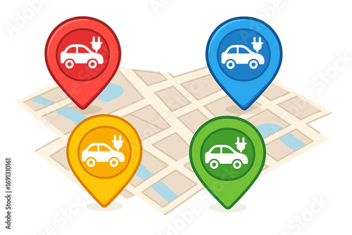 Electric vehicle charging station location pins on a city map. EV car charge point icons. Set of colorful pointers for navigation, finding battery power refill spots.