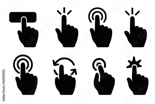 Hand cursor icon set. Pointer finger clicking button. Touchscreen gestures. Click, tap, press, swipe, rotate symbols. User interface and experience vector silhouette design.
